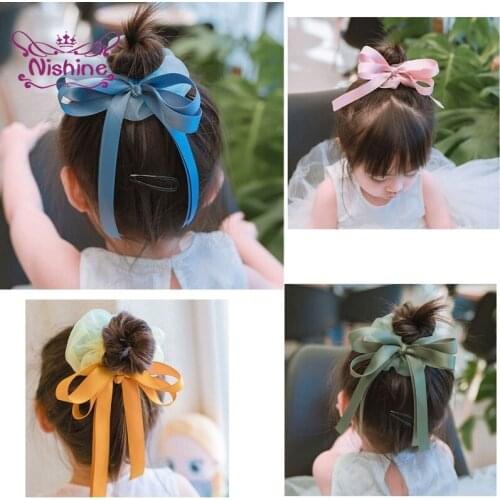 Nishine Toddler Solid Color Chiffon Large Intestine Hair Rope Fashion Handmade Ribbon Bowknot Elastic Hairband Baby Headwear