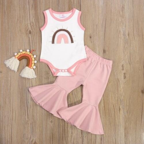 2Pcs Princess Baby Girls Summer OutfitsSuit Rainbow Embroidery Sleeveless Romper+Flared Trousers for Toddler Girls 0-24 Months