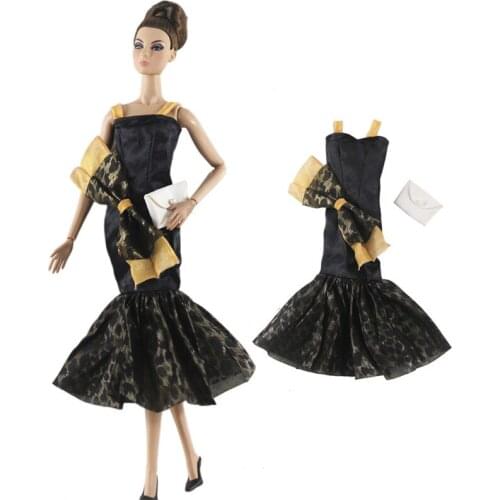 Black Bowknot Fishtail Fashion Doll Clothes For Barbie Doll Party Dress & Handbag 1/6 Doll Accessories For Barbie Doll Outfits