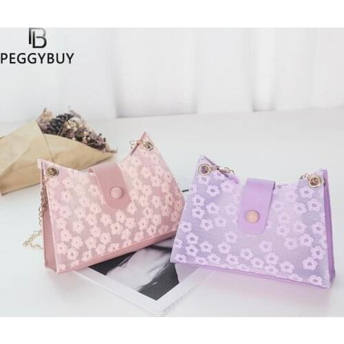 Fashion Women Lace Hollow Crossbody Bags PU Leather Shoulder Bags Floral Printing Chain Shopping Underarm Bag