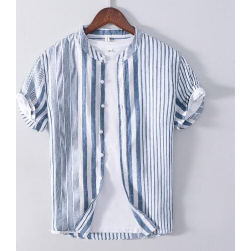 Summer new stand collar stripe blue shirt men fashion comfortable casual shirts for men tops mens clothes camisa chemise