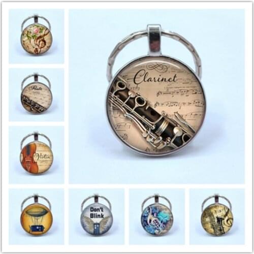 Musical Instrument Clarinet Guitar Flute Violin Music Key Chain Pendant Music Note Keychain Key Rings Music Glass Dome Jewelry
