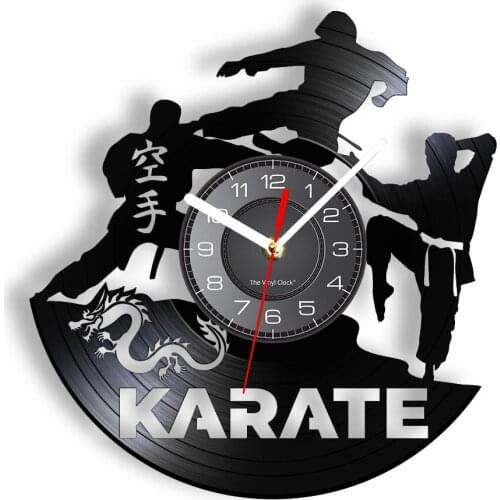 Karate Wall Clock Made Of Re-purposed Album Record Unarmed Battle Body Quick Response Wall Watch With LED Backlight Players Gift