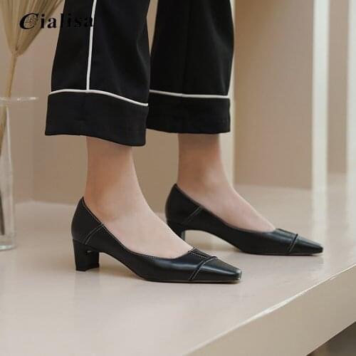 CIALISA New Women' Shoes Square Toe Heel White Shallow High Heels Genuine Leather Summer Autumn Versatile S Pumps