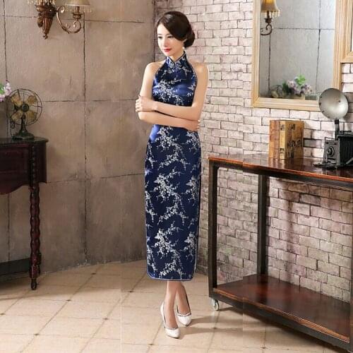 Navy Blue Long Cheongsam Traditional Chinese Style Womens Backless Costume Dress Slim Qipao Vestido Size S M L XL XXL XXXL C0069