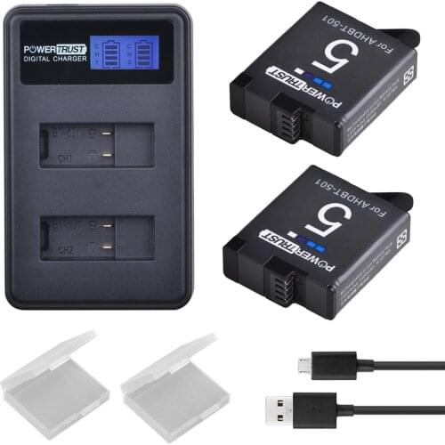 PowerTrust 1600mAh AHDBT-501 AHDBT501 Battery and LCD Dual Charger for GoPro Hero5 hero6 hero7 black Akku Hero 2018 Bateria