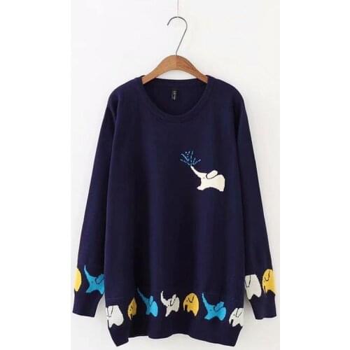 Plus size autumn O-Neck women Knitted Sweaters pullovers 2020 dark blue & violet Coloured small elephant ladies sweater
