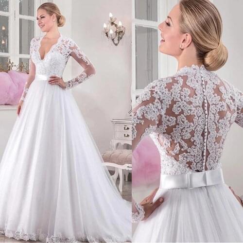 Chic Tulle V-neck Neckline Natural Waistline A-line Long Sleeves Wedding Dress With Beaded Lace Appliques Bow Bridal Dress