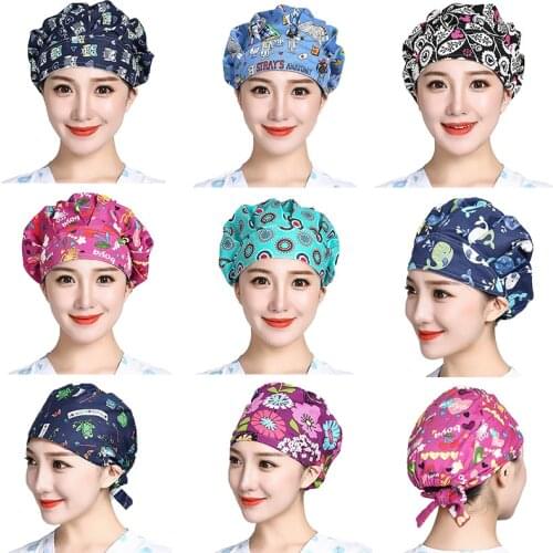 Scrubs Caps Adjustable Head Cover Bouffant Hats Sombrero Mujer Cartoon Flower Printed Cotton Caps Washable Workwear Hats