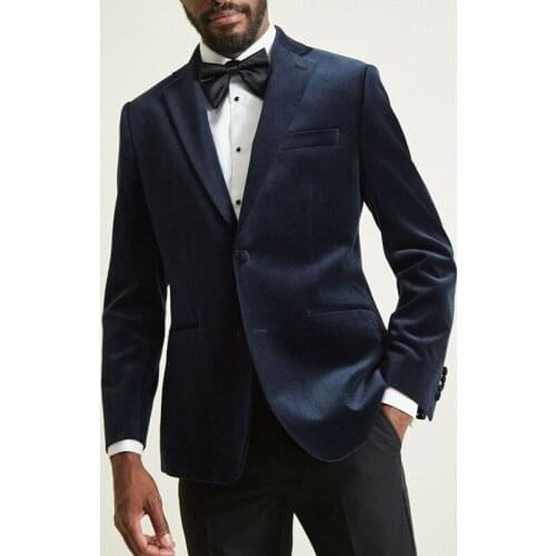 Slim fit Men Suits For Wedding Navy Velvet Blazer Groom Tuxedos Notch Lapel Groomsman Fashion Jacket with Black Pants 2021