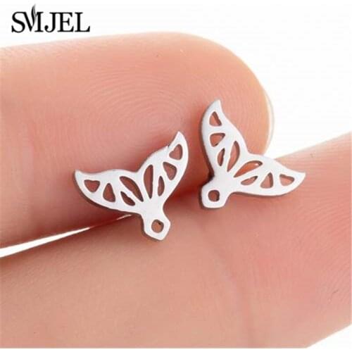 SMJEL Lovely Mermaid Tail Small Earrings Black Stainless Steel Whale Tail Stud Earring Kid Women Jewelry Accessories Wholesale