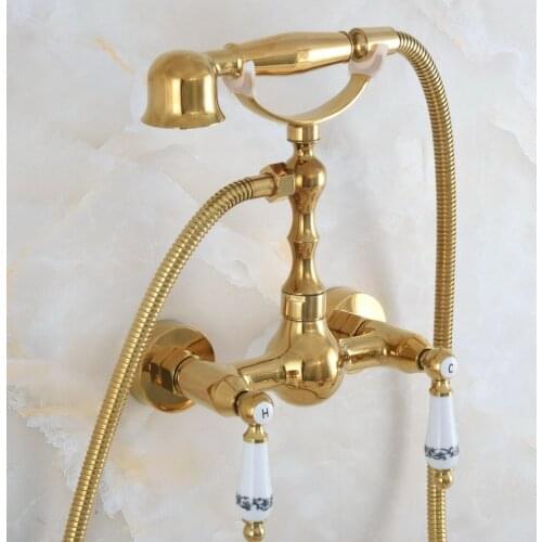 Contemporary Luxury Gold Color Brass Wall Mounted Bathtub Faucet with Handheld Shower Set +150CM Hose Mixer Tap 2na837