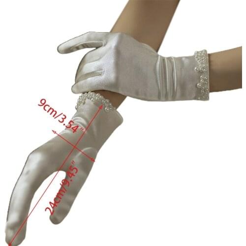 Wedding Bridal Vintage Satin Short Gloves Imitation Pearl Beaded Princess Prom Wrist Length Elastic Full Finger Mittens