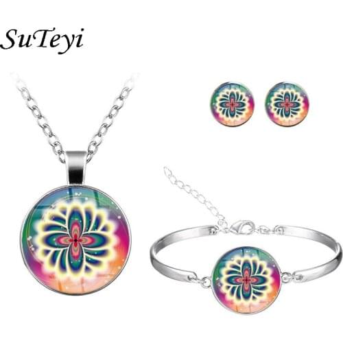 SUTEYI Colors Mandala Flower Symbol Buddhism Zen Picture Glass Cabochon Stud Earrings Bracelet Necklace Jewelry Sets For Women