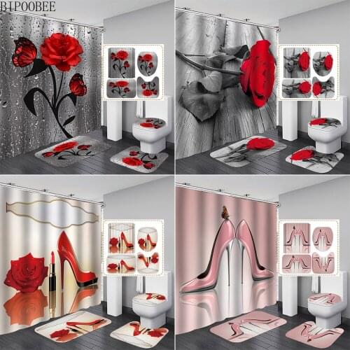 Red Rose&Butterfly Bathroom Shower Curtain Fashion High Heels Printing Bath Mats Set Toilet Cover Anti-slip Carpet Bath Curtains