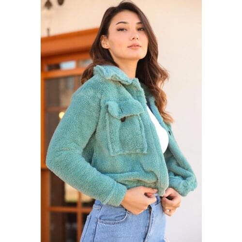 Green Womens Plush Jacket With Pocket Buttons Warm Long Sleeve Women Outerwear Casual Solid Slim Hot Sweety Jacket