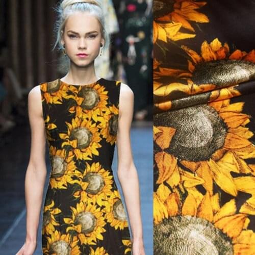Yellow Sunflower Print 95% Silk & 5% Lycra Strech Silk Satin Fabric for Blouse Dress Clothing Cheongsam 109CM Wide 91G/M C007