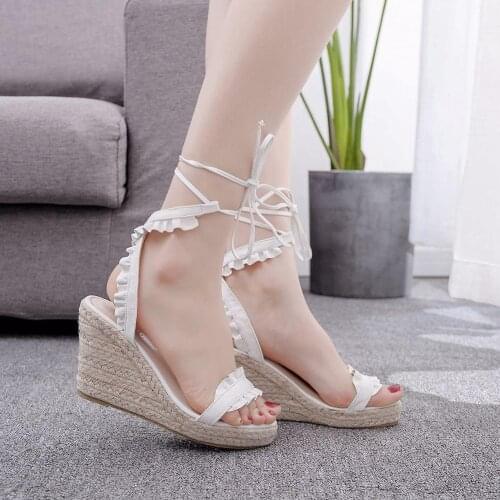 Summer Lace-Up white Women Platform Wedges Sandals Fashion High heels shoes Ladies Open toe Sandals size 42