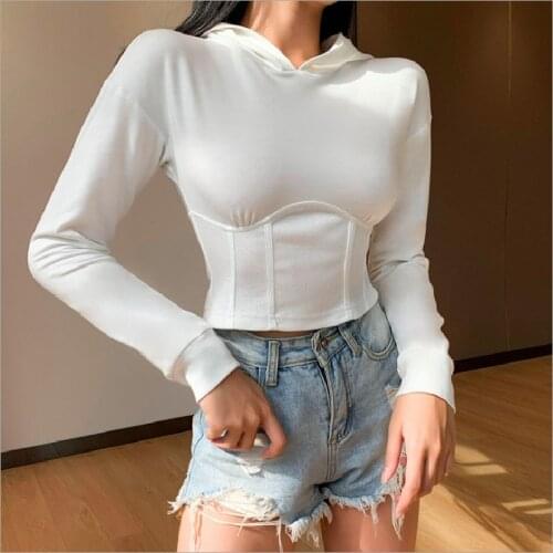 Womens Solid Color Slim Casual Hoodies Spring Autumn Long Sleeve Hooded Defined Waist Jogging Short Sweatshirt Sportswear