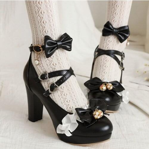 Sweet 2021 Bow Tie Butterfly Knot High Heels Platform Pink White Black Lolita Style Lovely Cute Mary Janes Pumps Shoes Woman