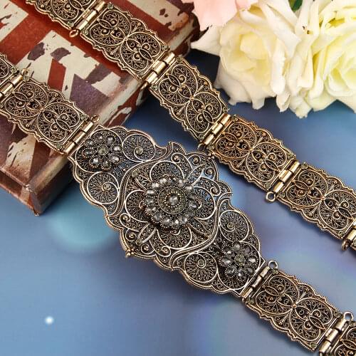 Suspicems Old Gold Color European Women Belt Full Gray Crystal Ethnic Wedding Dress Caftan Waist Chain Jewelry Bridal Gift