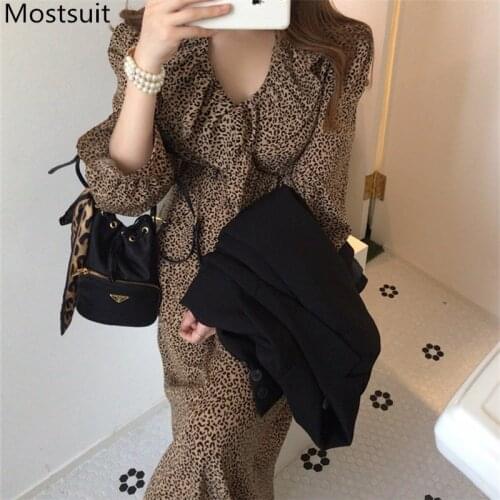 2020 Autumn Korean Leopard Printed Long Dress Women Full Sleeve Ruffles Collar Pleated A-line Dresses Vintage Elegant Vestidos