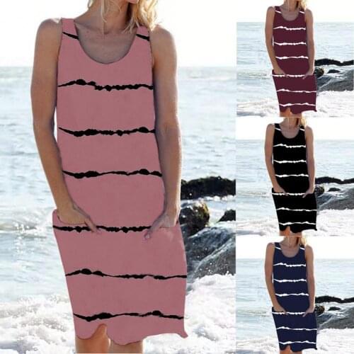 50% Hot Sales Women O Neck Stripe Print Pockets Sleeveless Midi Dress Streetwear for Dating