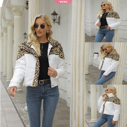 Winter Parker Coat Leopard Printed Cotton Jacket Zipper Pocket Casual Stand Collar Warm Down Jacket Womens Top