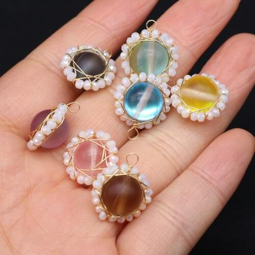 1pcs Natural Stone Round Sun Flower Blue Pink Yellow Pendant for Women Necklace Bracelet Jewelry Accessories Gift Size 15x15mm