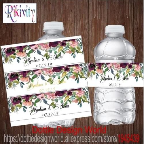20 Pink Purple Flower Wedding Water Bottle Wine Champagne Labels Candy Bar Wrapper Sticker Baby Shower Birthday Party Decoration