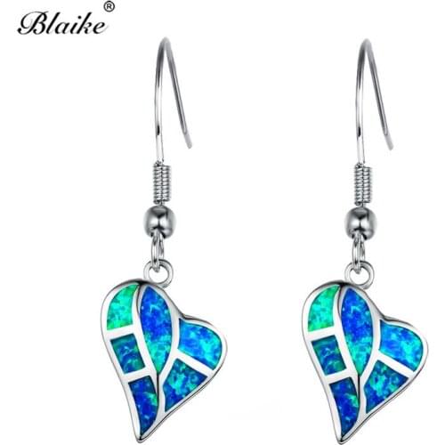 Blaike Ocean Blue/White Fire Opal Drop Earrings For Women 925 Sterling Silver Rainbow Heart Earrings Female Birthstone Jewelry