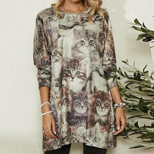 Blouses Women 2021 Fashion Female New O-neck Long Sleeves Printing Cat Animal Pattern Casual Loose Blouse Tops Shirt Female