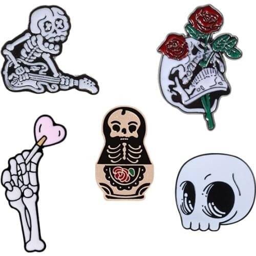 Rose Flower Skull Guitar Skeleton Head Doll Punk Dark Enamel Pins Shirt Brooch Fashion Lapel Pin Badge Gifts Men Women Jewelry