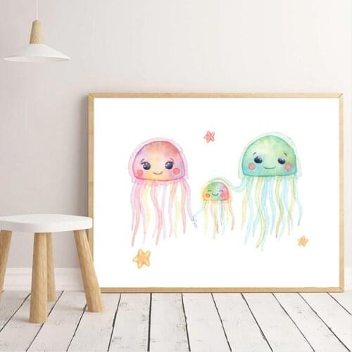 Sea Life Animals Print Nautical Nursery Wall Decor Ocean Animal Jelly Fish Watercolor Wall Art Canvas Painting Baby Room Decor