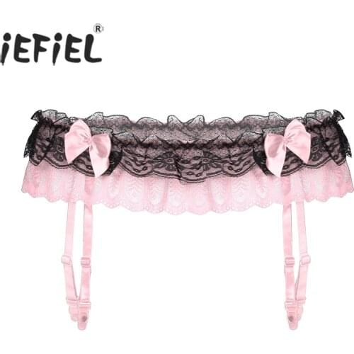 Men Sissy Elastic Waistband Lace Sexy Garter Belt Bowknot Adjustable Straps Suspenders Stockings Nightwear for Lingerie Party