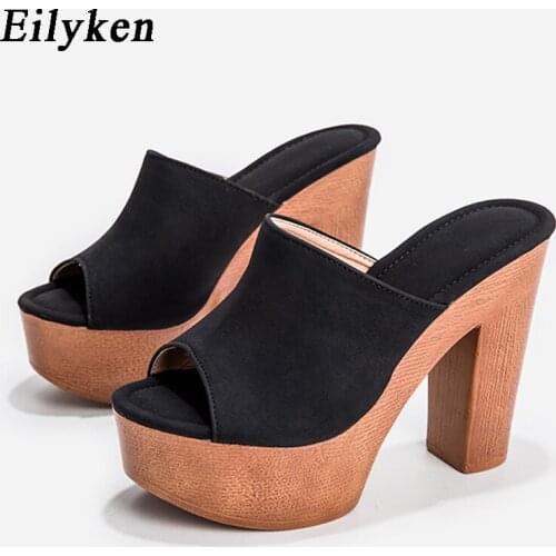 Eilyken Summer New Fashion High Platform Flock Sexy Peep Toe Wooden Bottom Ladies Black Roma Style Slides Shoes Size36-43