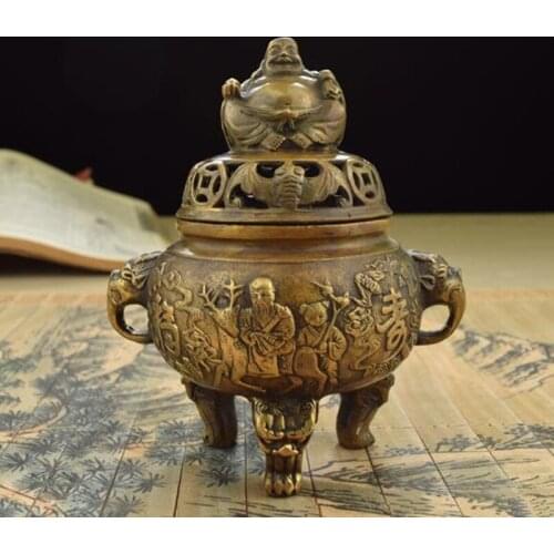 China brass maitreya Buddha Incense lid burner crafts statue