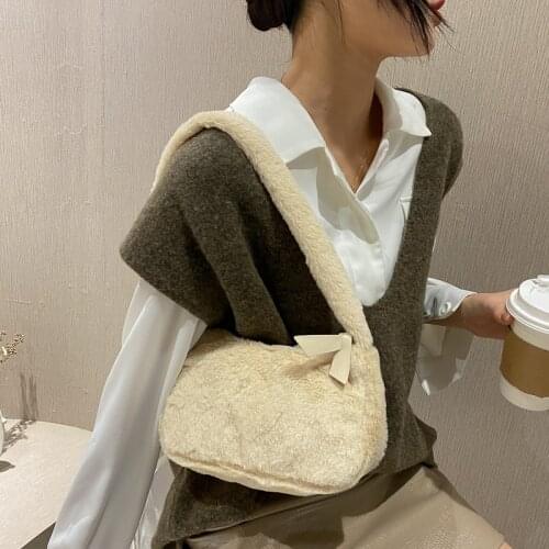 Faux Fur Purses and Handbags for Womens Fashion Underarm Bags Soft Plush Ladies Baguette Tote Winter Female Small Shoulder Bags