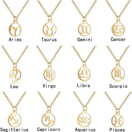 Fashion Stainless Steel Necklace 12 Zodiac Sign Gold Pendant Necklace Aries Libra Leo Capricorn 12 Constellations Jewelry kolye