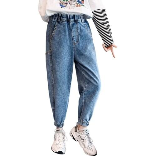 Solid Summer Girls Denim Pants for 3-13 Years Old Childrens Clothing Elastic Waist Loose Kid Jeans for Girl Kids Casual Clothes