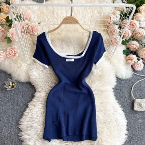 Solid Blue Spring and Summer woman dress Square collar High Waist Casual holiday dresses for women Short Sleeves vestidos