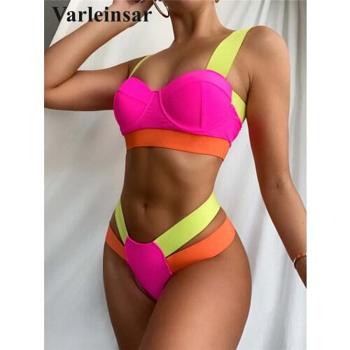 Sexy Splicing Bikini Push Up Swimwear Female Swimsuit Women Two-pieces Bikini set With Bra Cup Bather Bathing Suit Swim V2707H