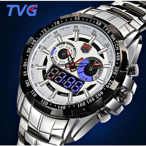 Sport Mens Watches Quartz dual movement Led Display Full Steel Watch Waterproof Fashion Sapphire Military Men clock TVG579