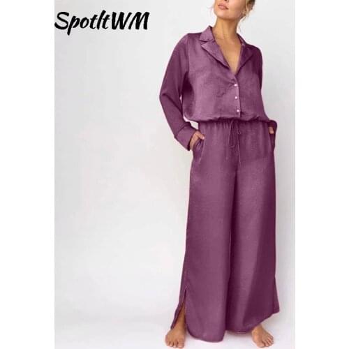 SpotLtWM Women Casual Silk Suits Elegant Notched Drawstring Shirt And Split Wide Leg Pants Two Piece Set Loose Ladies Clothing