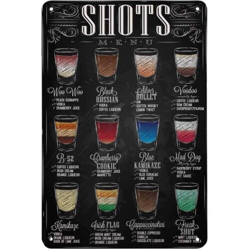 Shots Menu Tin Signs Drinks with Names In Retro Style Drawing with Chalk on Chalkboard Vintage Metal Tin Sign for Wall Decor