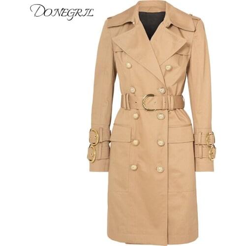 Korean Womens Windbreaker Lapel Collar Long Sleeve High Waist With Sashes Female Metal double breasted Coats Autumn Fashion New