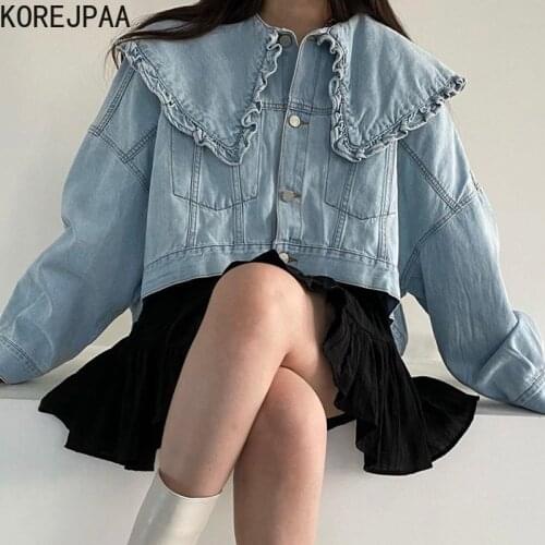 Korejpaa Women Jacket 2021 Spring Autumn Korean Chic Retro Wood Ears Lapel Loose Wild Single-Breasted Long-Sleeved Denim Coats