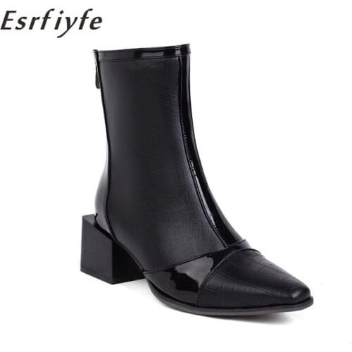 ESRFIYFE 2021 New Autumn Winter Ankle Boots Square Toe Thick Heels Splicing Pu Leather Back Zipper Shoes Woman Mature Concise