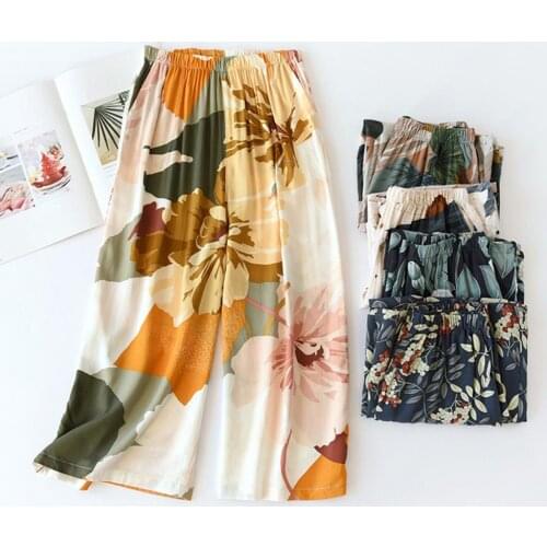 2021 New Wide Leg Floral Print Home Pants Women Elastic Waist Straight Casual Cropped Trousers Streetwear