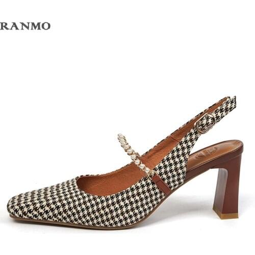 2021 Square Toe Basic Female Pumps High Quality Buckle Strap Slingback Square Med Heel Casual Women Shoes Size 34-40 Party Shoes